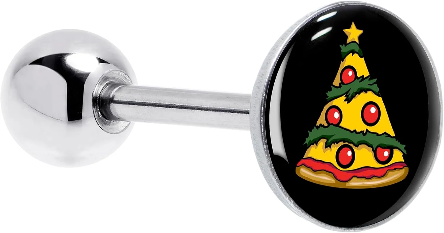 Body Candy 14G Christmas Tongue Ring - 316L Steel Straight Barbell Winter Holiday Pizza Tree Tongue Piercing for Women Men