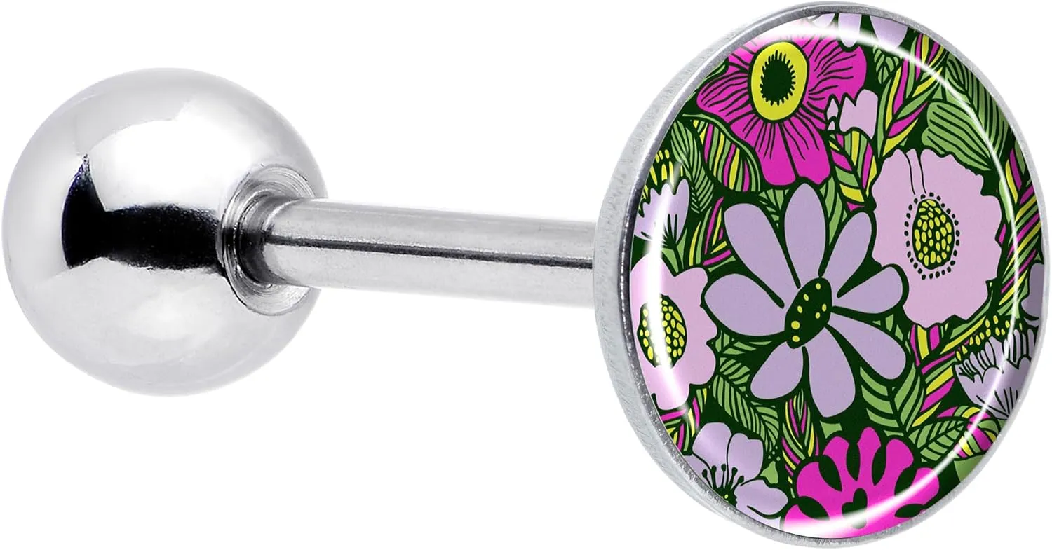 Body Candy 14G Women 316L Stainless Steel Blossom Creation Paradise of Pink Flowers Mens Barbell Tongue Ring Body Piercing Jewelry 5/8