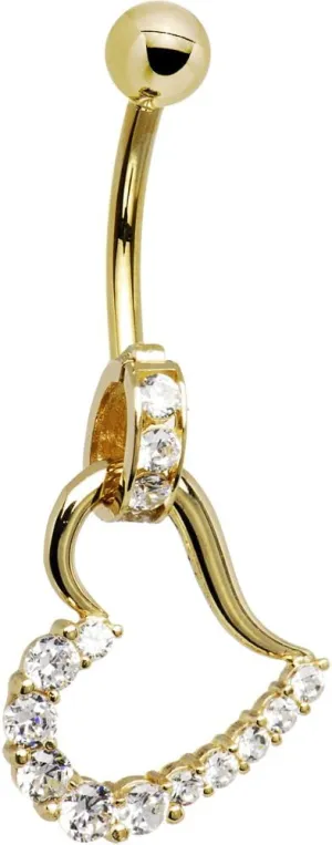 Body Candy 14k Yellow Gold Hollow Heart Cubic Zirconia Dangle Belly Button Ring