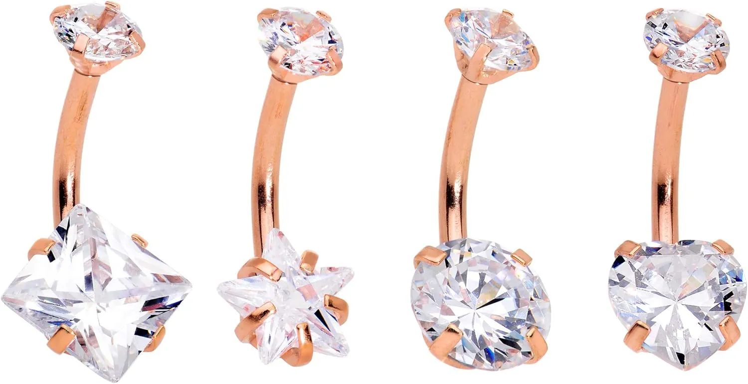 Body Candy 4Pc 14G Plated Steel Navel Ring Piercing Clear Accent Assorted Shape Belly Button Ring 1/2" 12mm