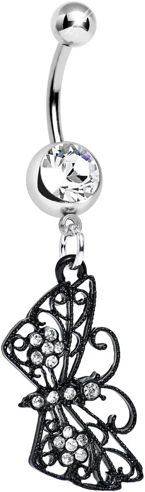 Body Candy Clear Floral Wings Black Butterfly Dangle Belly Ring