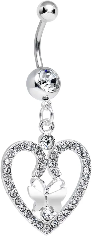Body Candy Clear Heart Wreathed Butterfly Dangle Belly Ring