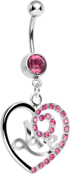 Body Candy Pink Gleaming Love Heart Dangle Belly Ring