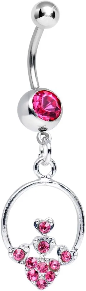 Body Candy Pink Hoop Encircled Hearts Dangle Belly Ring