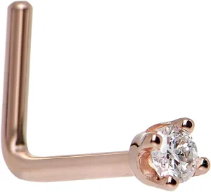 Body Candy Solid 14k Rose Gold 2mm Cubic Zirconia L Shaped Nose Stud Ring 20 Gauge 1/4"