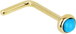 Body Candy Solid 14k Yellow Gold 2mm Turquoise L Shaped Nose Stud Ring 20 Gauge 1/4"