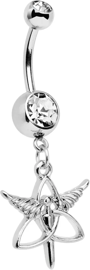 Body Candy Stainless Steel Clear Accent Heroic Heralds Staff and Trinity Dangle Belly Ring