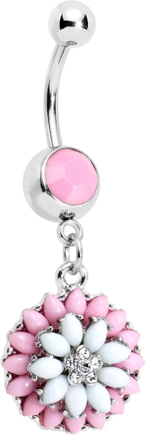 Body Candy Stainless Steel Clear Accent Pink White Orb Power of The Flower Dangle Belly Ring
