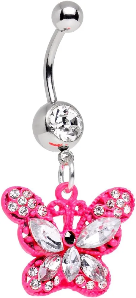 Body Candy Stainless Steel Clear and Pink Butterfly Dangle Belly Ring