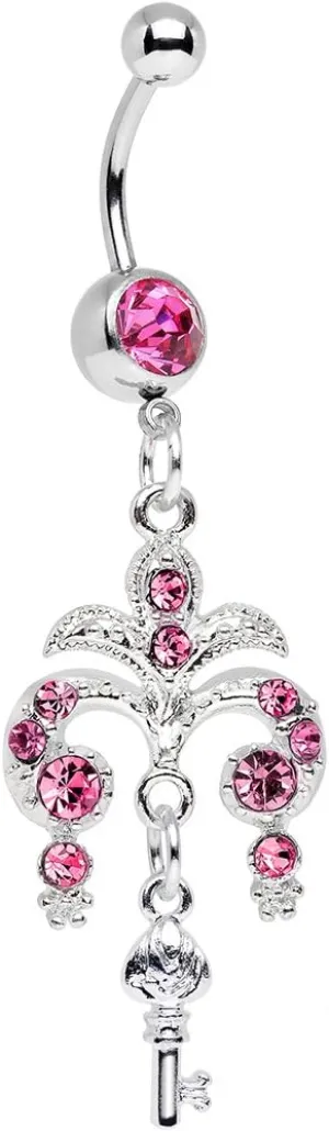 Body Candy Stainless Steel Clear and Pink Fountain Key Dangle Belly Ring