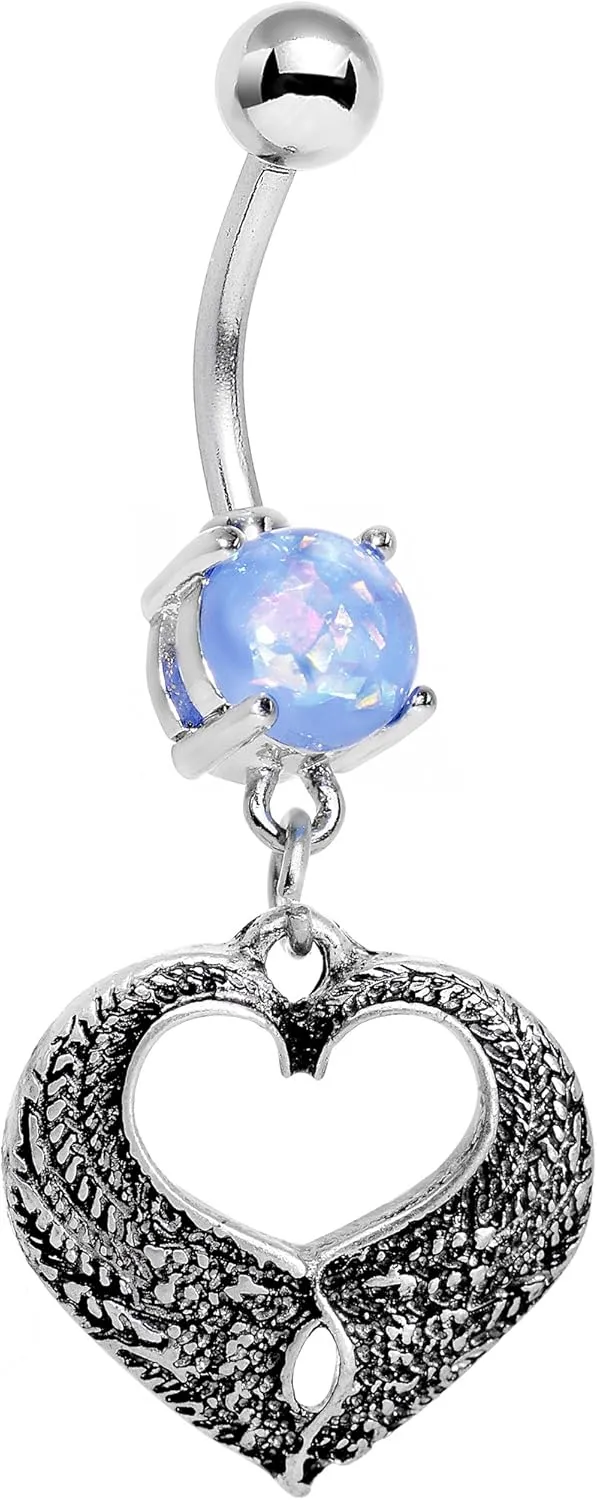 Body Candy Stainless Steel Iridescent Blue Accent Laurel Heart Dangle Belly Ring