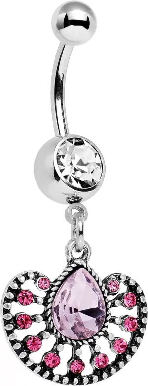 Body Candy Stainless Steel Pink Accent Fantastic Fancy Fan Dangle Belly Ring