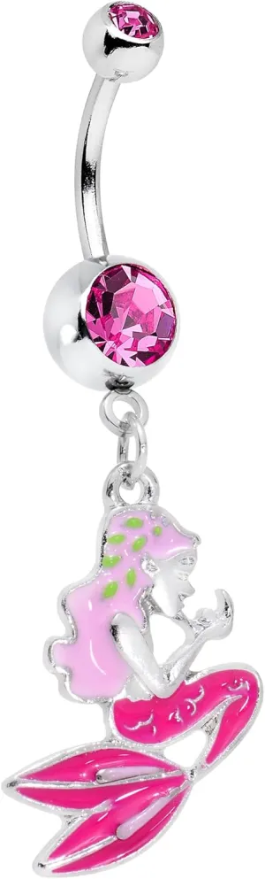 Body Candy Stainless Steel Pink Accent Precious Pink Mermaid Dangle Belly Ring