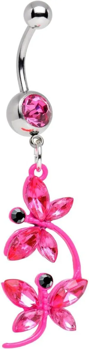 Body Candy Stainless Steel Pink Dragonflies Dangle Belly Ring