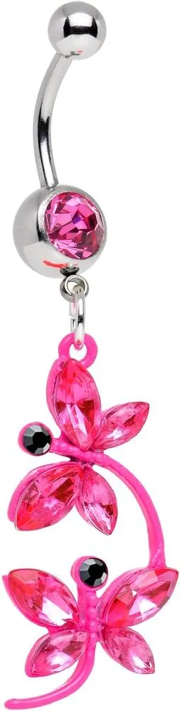 Body Candy Stainless Steel Pink Dragonflies Dangle Belly Ring