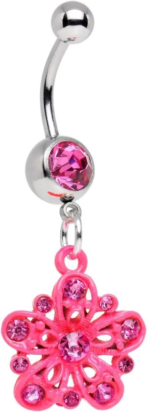 Body Candy Stainless Steel Pink Posy Flower Dangle Belly Ring