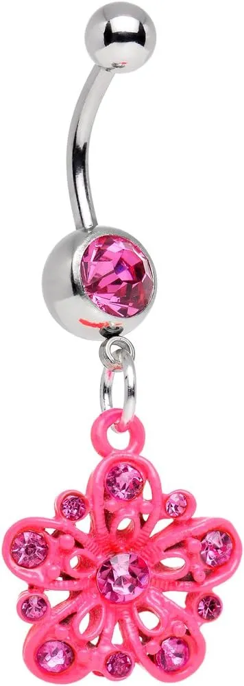 Body Candy Stainless Steel Pink Posy Flower Dangle Belly Ring