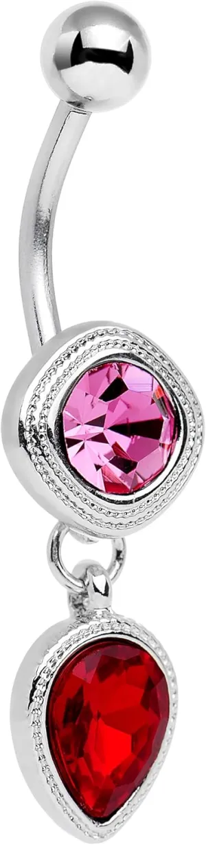 Body Candy Stainless Steel Pink Red Accent Simple Sass Dangle Belly Ring