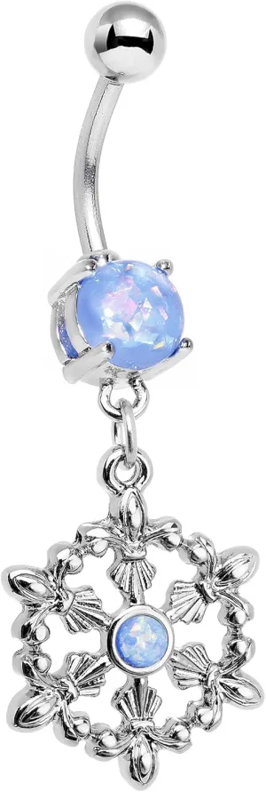Body Candy Steel Iridescent Light Blue Accent Fleur de Lis Snowflake Dangle Belly Ring