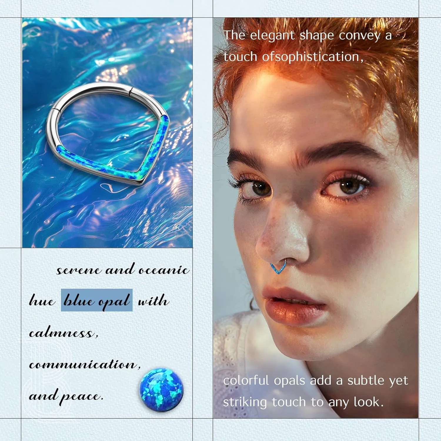 BodyBonita 16G Opal Teardrop Septum Rings - G23 Titanium Hinged Nose Rings Hoops Septum Clicker Jewelry Conch Daith Helix Piercing Cartilage Earring for Women Men Pink/Blue/White Opal 8mm 10mm