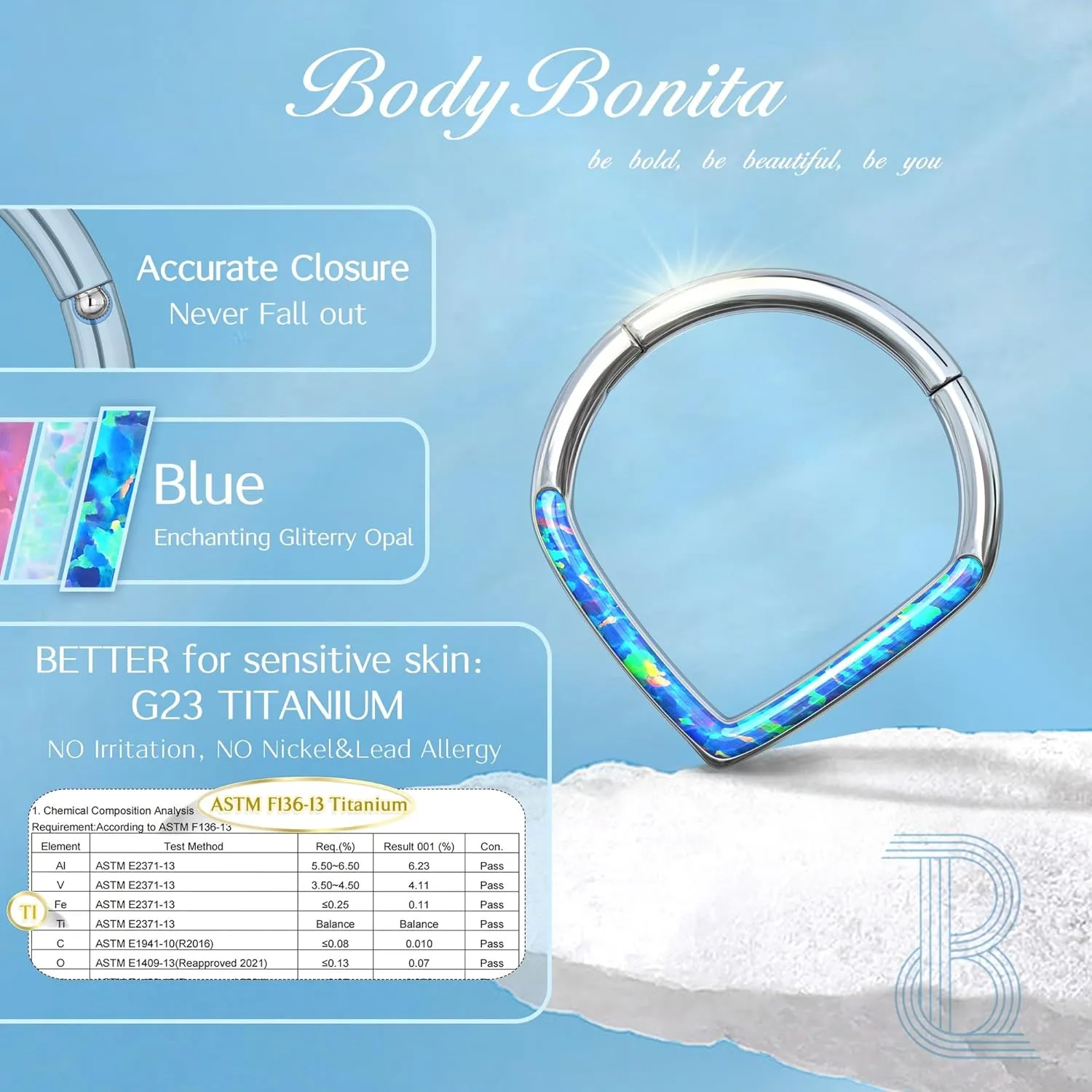 BodyBonita 16G Opal Teardrop Septum Rings - G23 Titanium Hinged Nose Rings Hoops Septum Clicker Jewelry Conch Daith Helix Piercing Cartilage Earring for Women Men Pink/Blue/White Opal 8mm 10mm