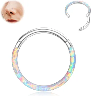BodyBonita G23 Titanium Opal Nose Rings Hoops - 16G/18G/20G Hinged Septum Rings Seamless Nose Rings for Women Conch Helix Daith Earrings Piercing Jewelry Purple/Pink/Blue/White Silver/Gold 8mm/10mm