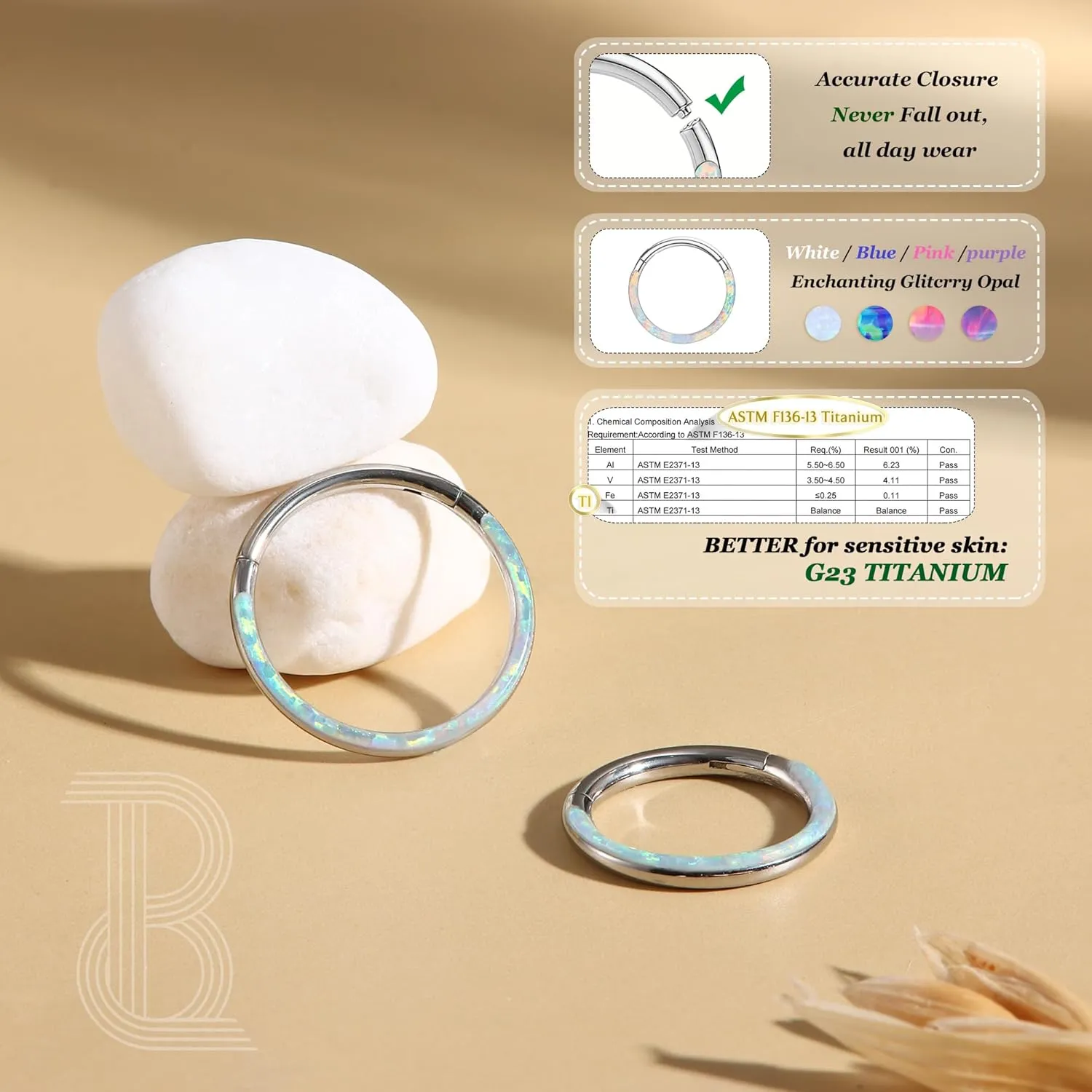 BodyBonita G23 Titanium Opal Nose Rings Hoops - 16G/18G/20G Hinged Septum Rings Seamless Nose Rings for Women Conch Helix Daith Earrings Piercing Jewelry Purple/Pink/Blue/White Silver/Gold 8mm/10mm