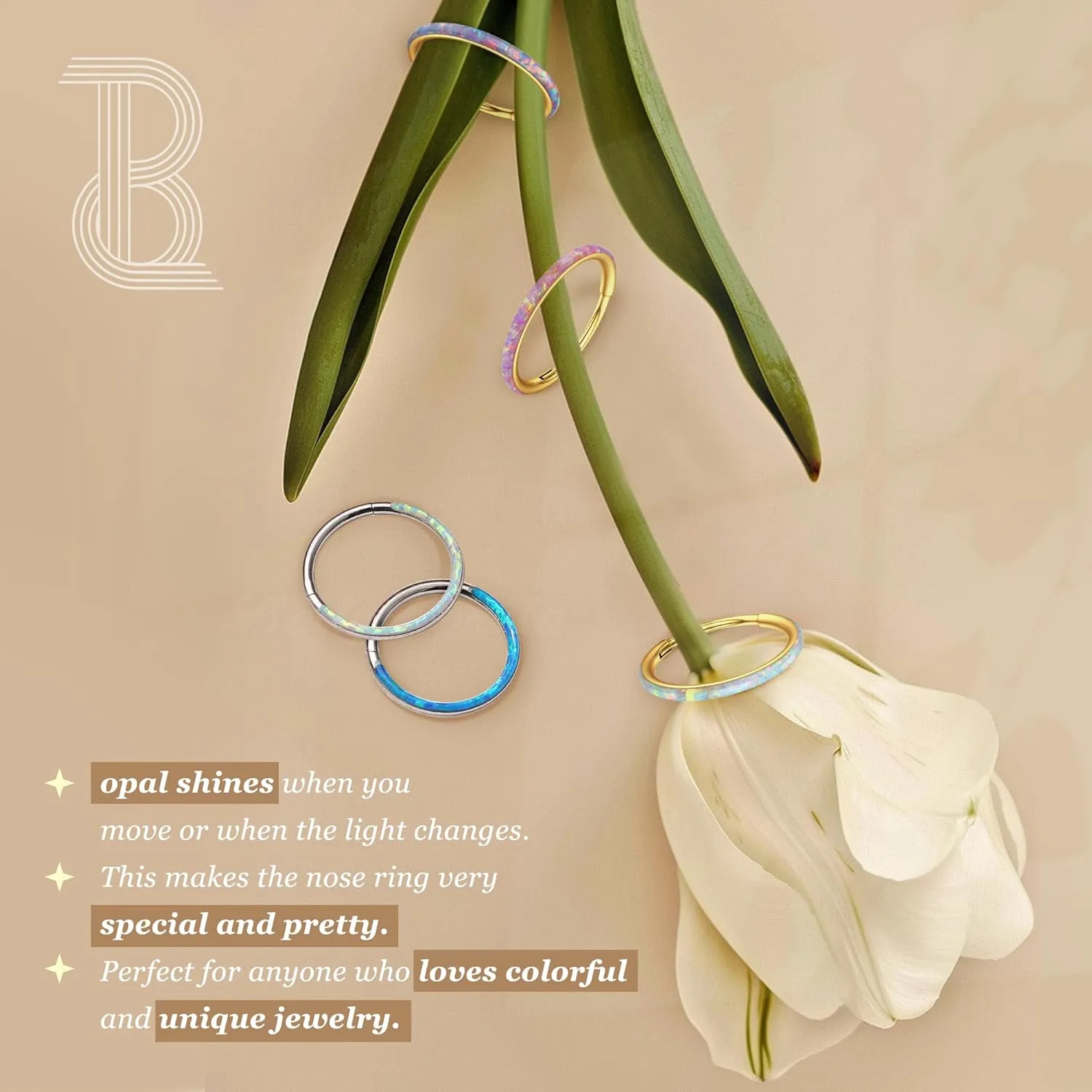 BodyBonita G23 Titanium Opal Nose Rings Hoops - 16G/18G/20G Hinged Septum Rings Seamless Nose Rings for Women Conch Helix Daith Earrings Piercing Jewelry Purple/Pink/Blue/White Silver/Gold 8mm/10mm