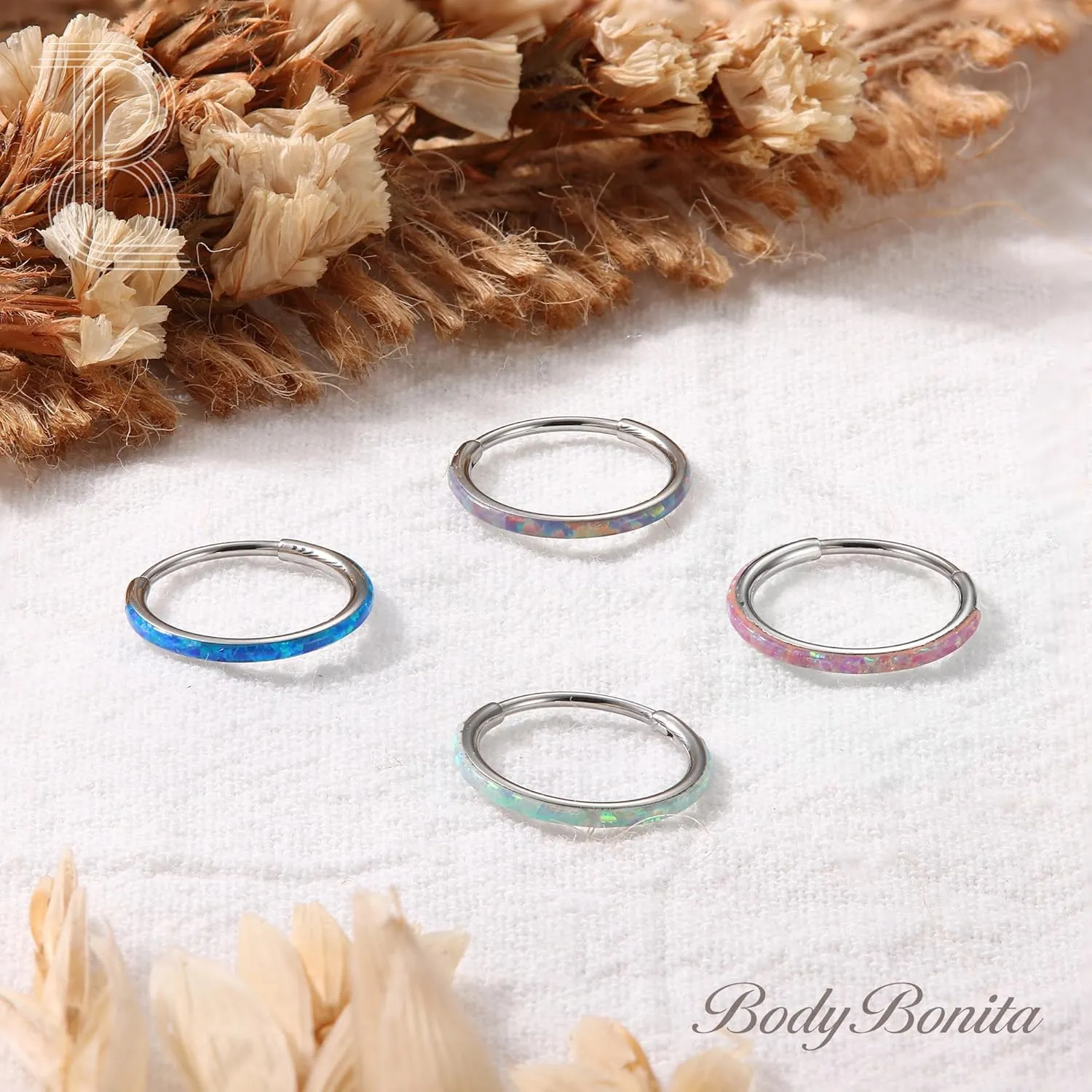 BodyBonita Hinged Opal Nose Rings Hoops - 16G/18G/20G 316L Surgical Steel Hinged Hoop Nose Rings for Women Septum Rings Conch Helix Daith Piercing Jewelry Purple/Pink/Blue/White 10mm/8mm Silver/Gold