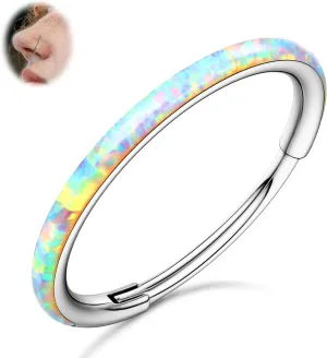 BodyBonita Hinged Opal Nose Rings Hoops - 16G/18G/20G 316L Surgical Steel Hinged Hoop Nose Rings for Women Septum Rings Conch Helix Daith Piercing Jewelry Purple/Pink/Blue/White 10mm/8mm Silver/Gold