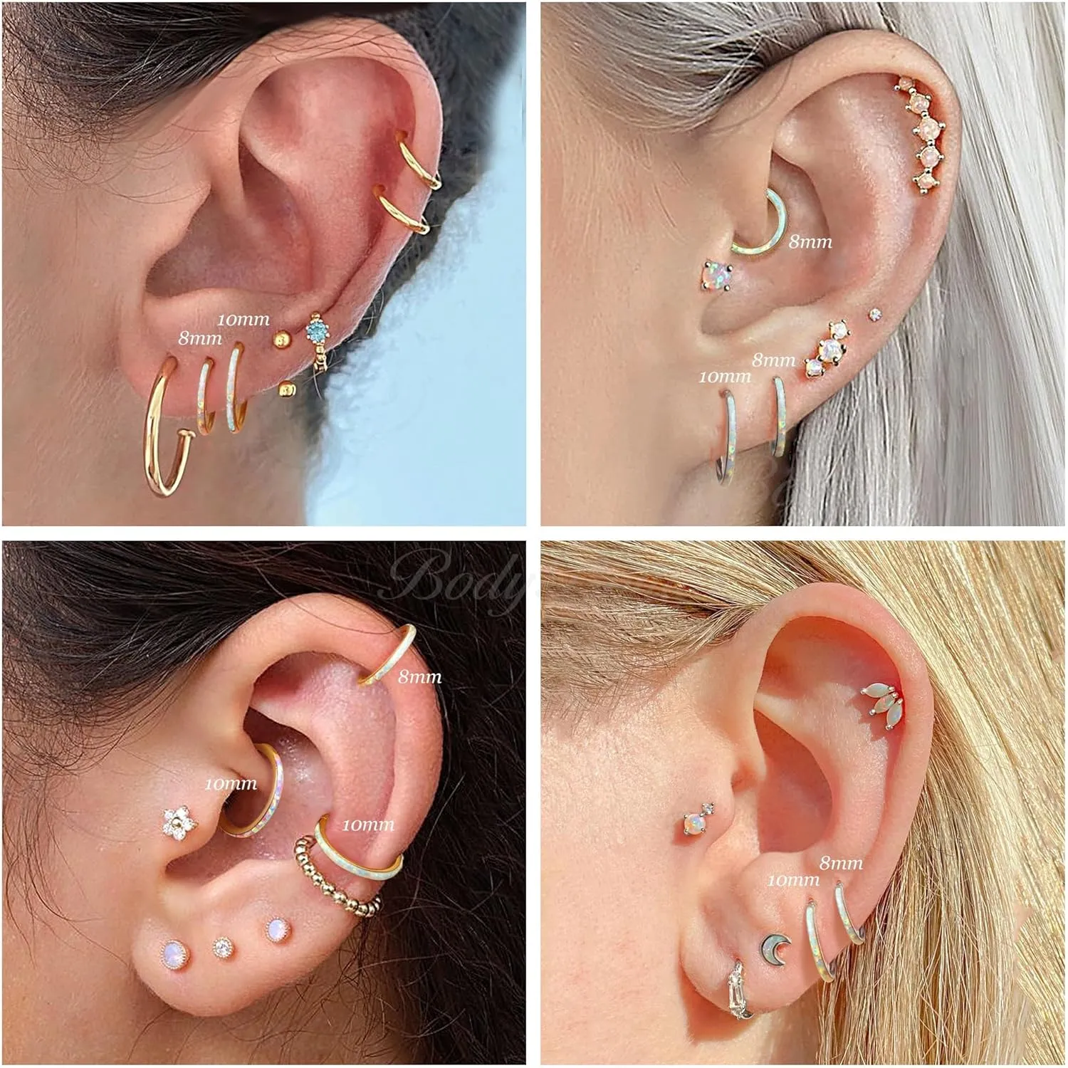 BodyBonita Hinged Opal Nose Rings Hoops - 16G/18G/20G 316L Surgical Steel Hinged Hoop Nose Rings for Women Septum Rings Conch Helix Daith Piercing Jewelry Purple/Pink/Blue/White 10mm/8mm Silver/Gold