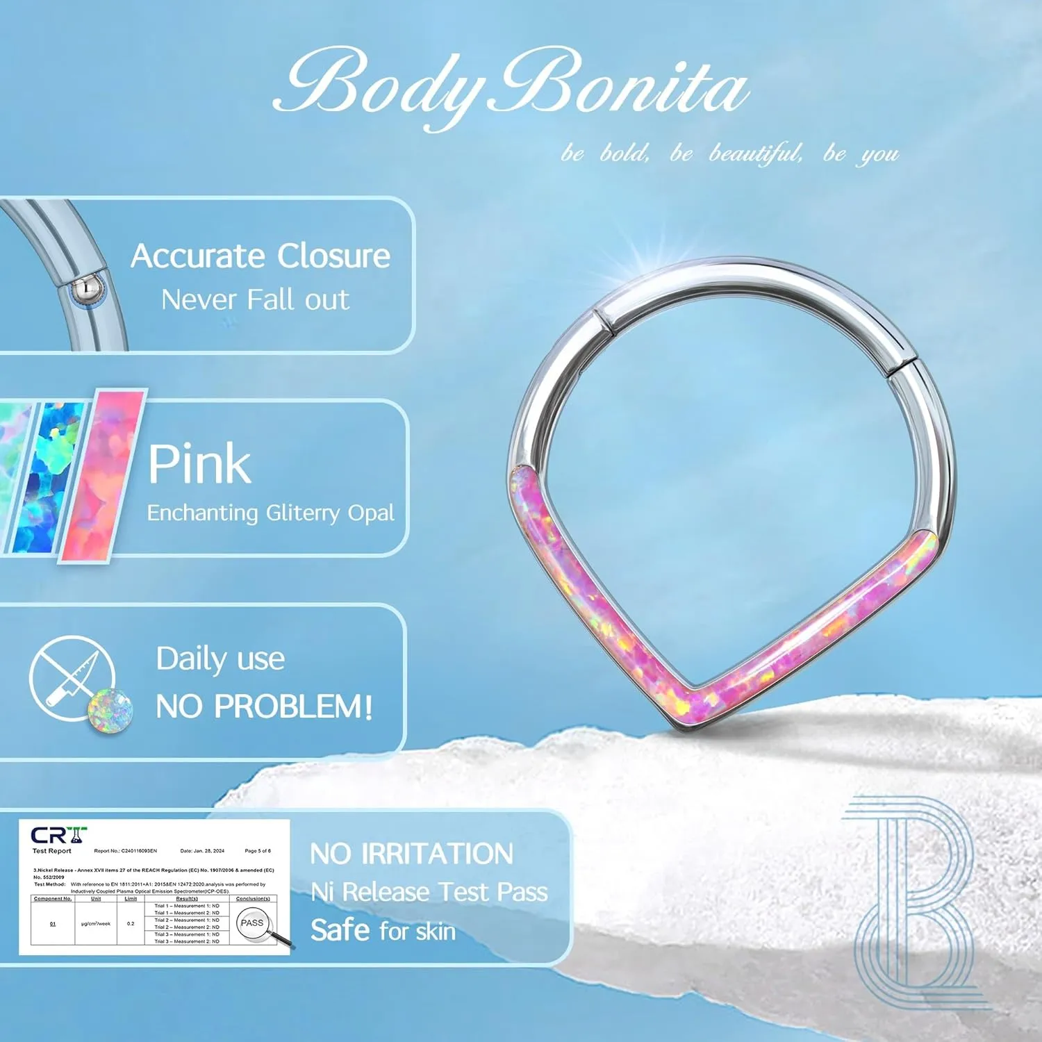 BodyBonita Opal 16G Septum Rings Teardrop - 316L Surgical Steel Hinged Nose Rings Hoops Septum Clicker Conch Helix Piercing Jewelry Daith Earring Pink/Blue/White Opal-10 mm/8 mm Silver/Gold Plated