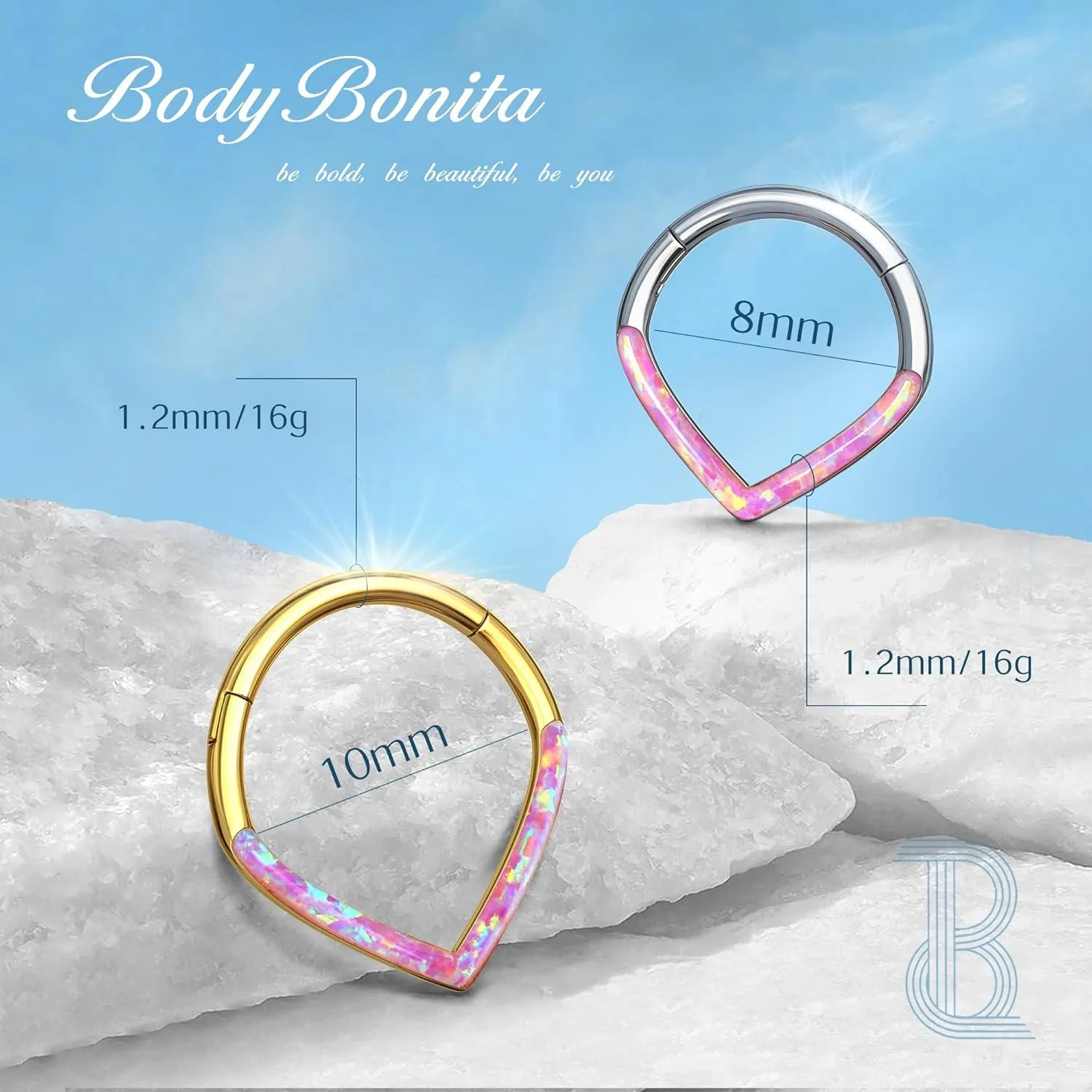 BodyBonita Opal 16G Septum Rings Teardrop - 316L Surgical Steel Hinged Nose Rings Hoops Septum Clicker Conch Helix Piercing Jewelry Daith Earring Pink/Blue/White Opal-10 mm/8 mm Silver/Gold Plated