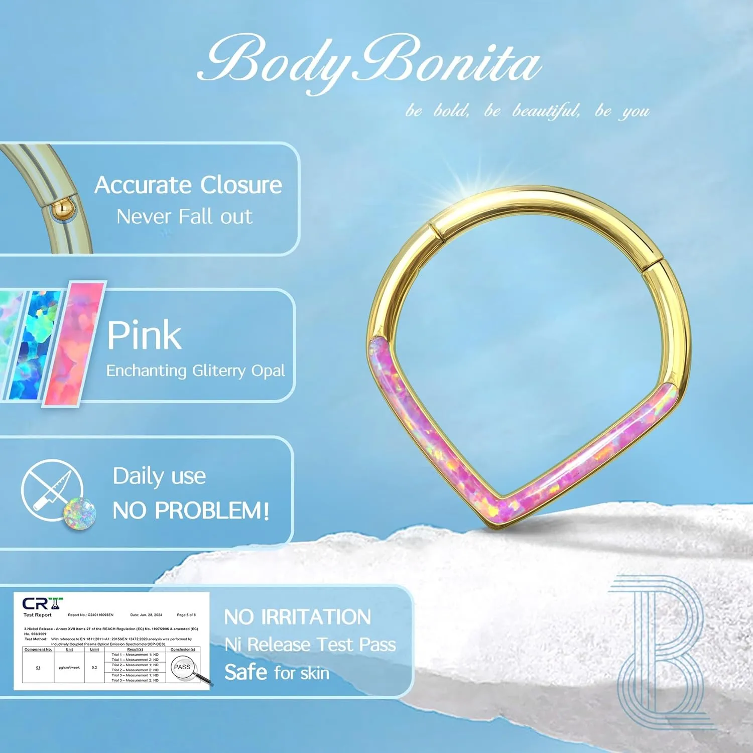 BodyBonita Opal 16G Septum Rings Teardrop - 316L Surgical Steel Hinged Nose Rings Hoops Septum Clicker Conch Helix Piercing Jewelry Daith Earring Pink/Blue/White Opal-10 mm/8 mm Silver/Gold Plated