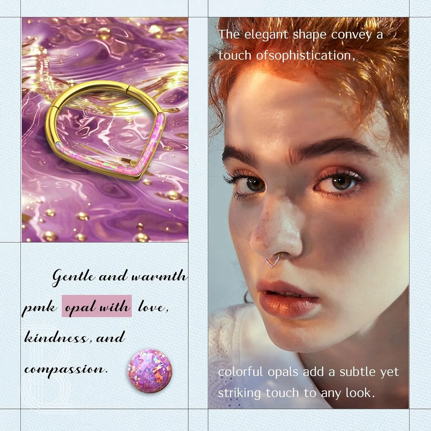BodyBonita Opal 16G Septum Rings Teardrop - 316L Surgical Steel Hinged Nose Rings Hoops Septum Clicker Conch Helix Piercing Jewelry Daith Earring Pink/Blue/White Opal-10 mm/8 mm Silver/Gold Plated