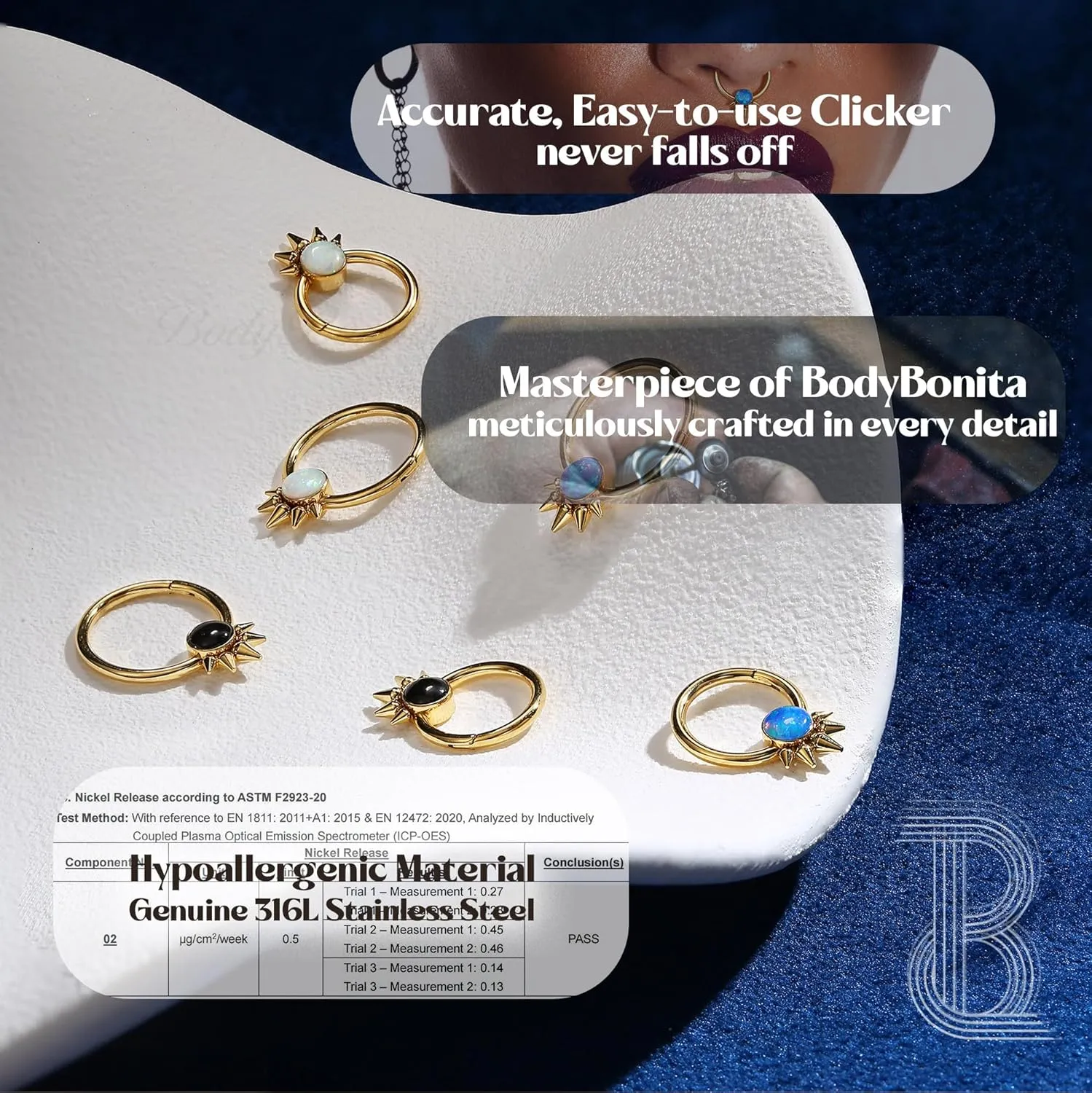 BodyBonita Opal Septum Rings - 16G 316L Surgical Steel Hinged Nose Rings Hoops Septum Jewelry White/Blue/Black Opal Nose Piercings for Women Helix Tragus Rook Daith Piercing Jewelry Gold 8mm 10mm