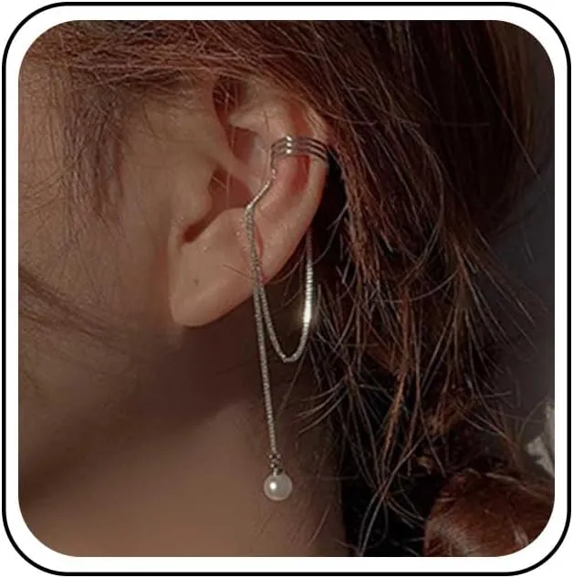Boho pearl Drop Ear Cuff Earrings pearl Tassel Clip On Earrings Long Chain Dangle Earrings Silver Tassel Chain Cuff Wrap Earrings No Piercing Jewelry for Women