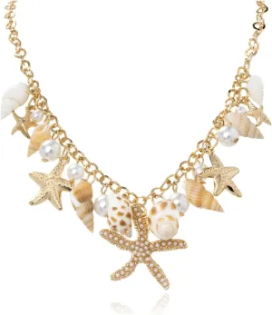 Boho Starfish Seashell Necklace for Women - Adjustable Layered Conch Pearl Choker, Natural Ocean-Themed Summer Beach Jewelry Gift