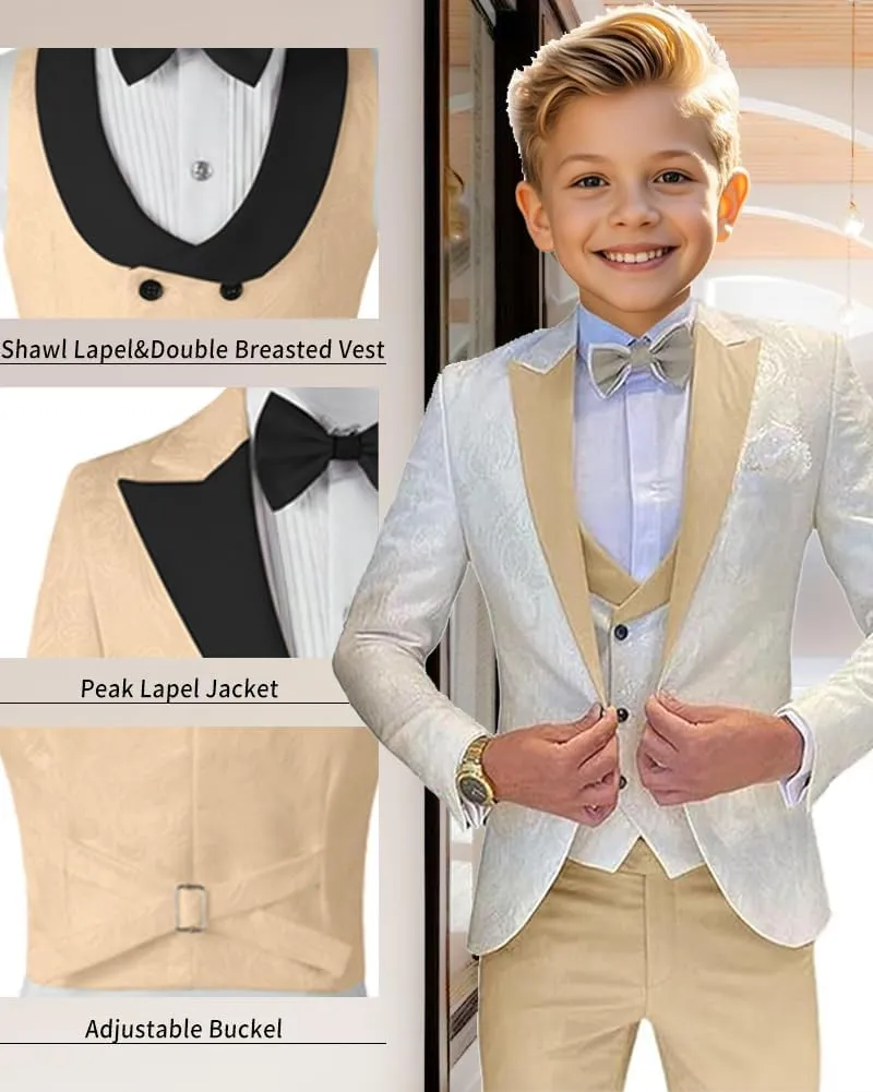 Boys Suit Jacquard Slim Fit Tuxedo Suit 3 Piece Kids Suit for Boys Formal Wedding Suit Blazer Vest Pants Set