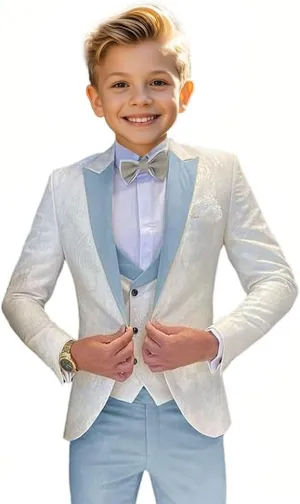 Boys Suit Jacquard Slim Fit Tuxedo Suit 3 Piece Kids Suit for Boys Formal Wedding Suit Blazer Vest Pants Set