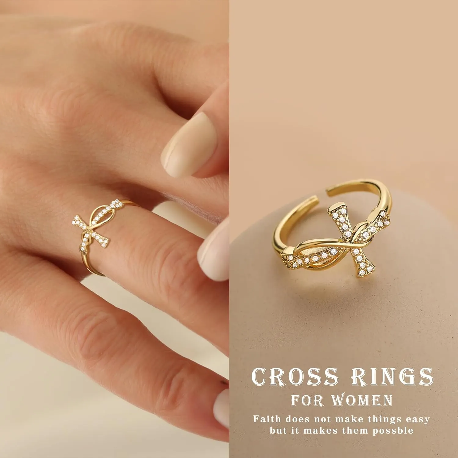 Btysun Cross Rings for Women Christian Gifts Adjustable Non Tarnish Gold Rings Religious Confirmation Catholic Gifts for Her Daughter Sister Faith Baptism Jewelry