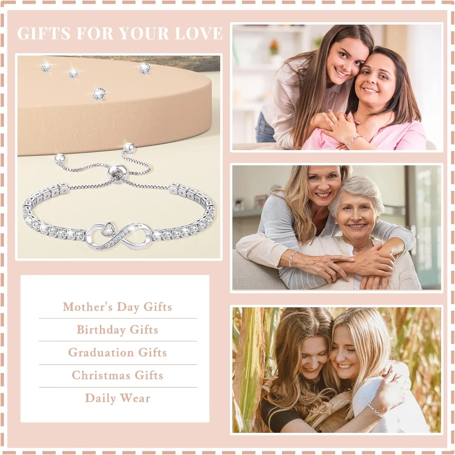 Btysun Infinity Bracelets for Women Anniversary Christmas Gifts for Girlfriend Mom Daughter Adjustable Heart Rose Heartbeat Love Cross Mom Tennis Bracelet Jewelry for Teen Girls