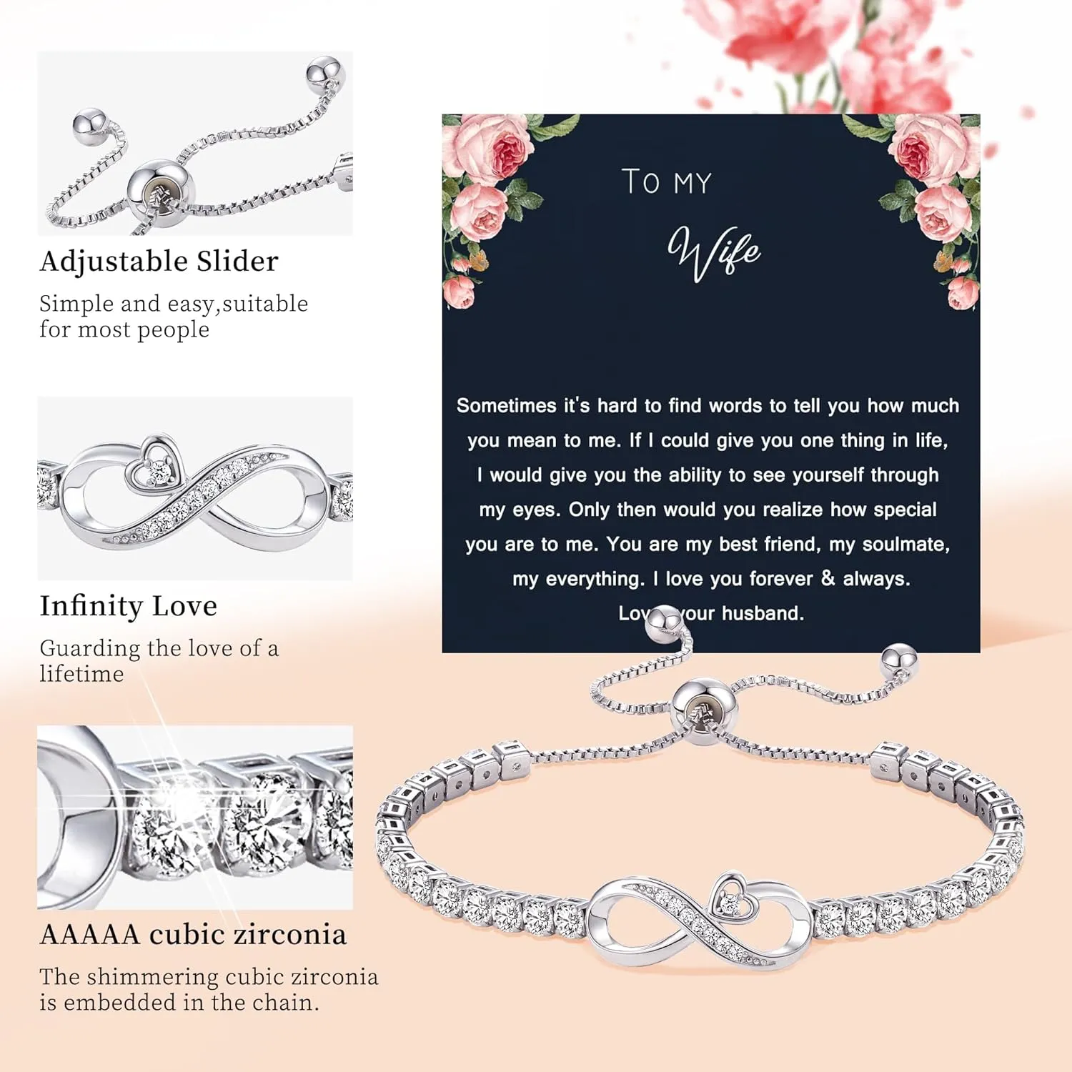Btysun Infinity Bracelets for Women Anniversary Christmas Gifts for Girlfriend Mom Daughter Adjustable Heart Rose Heartbeat Love Cross Mom Tennis Bracelet Jewelry for Teen Girls