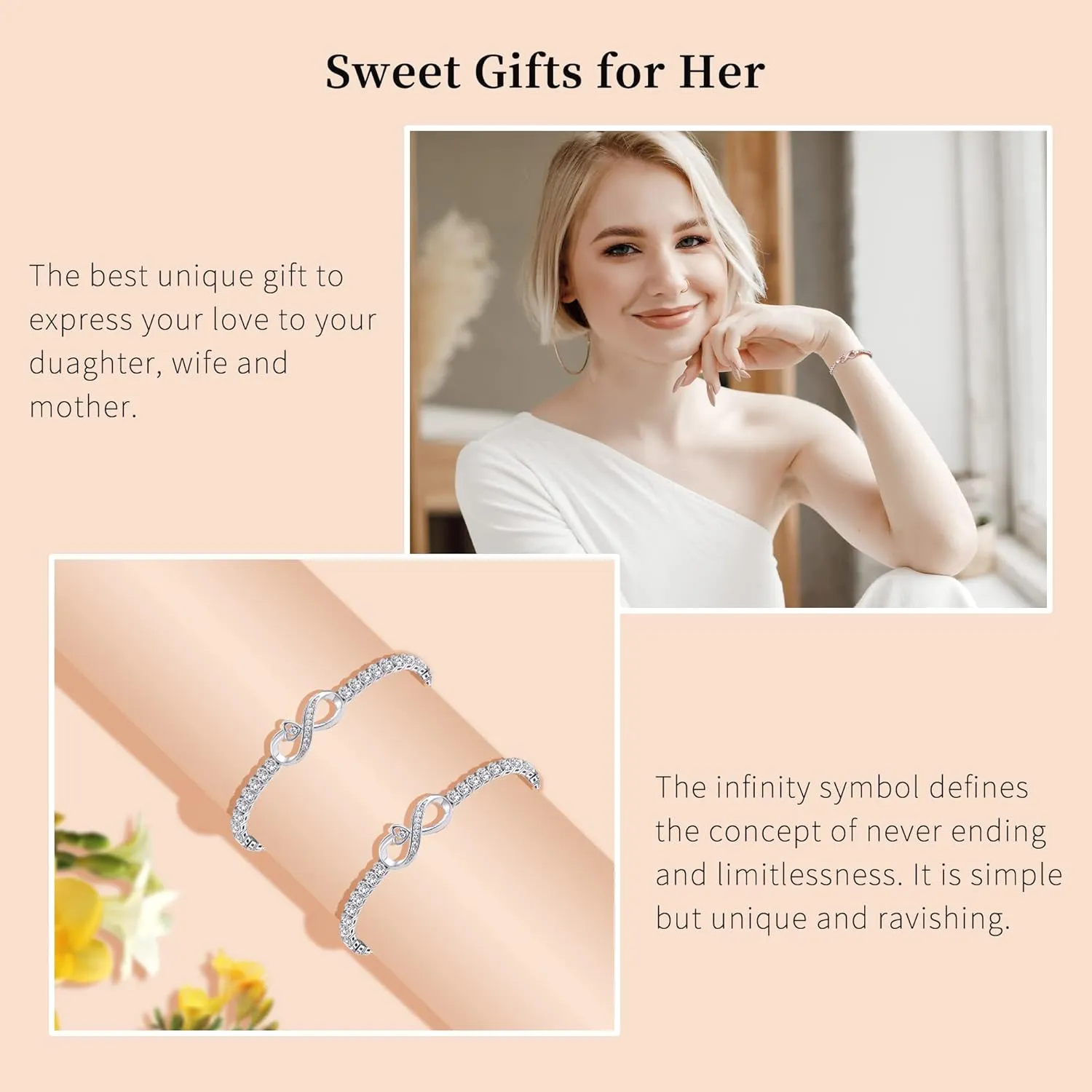 Btysun Infinity Bracelets for Women Anniversary Christmas Gifts for Girlfriend Mom Daughter Adjustable Heart Rose Heartbeat Love Cross Mom Tennis Bracelet Jewelry for Teen Girls
