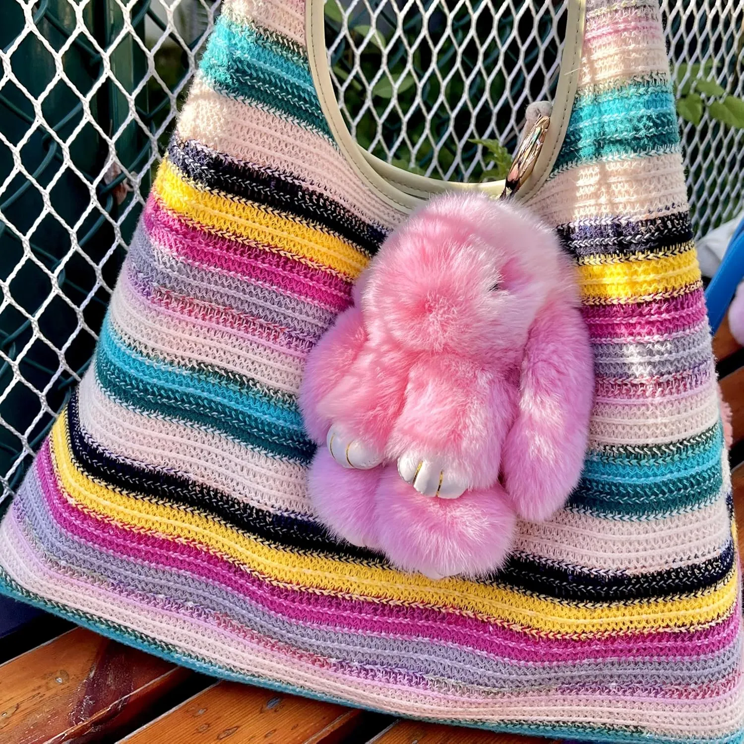 Bunny Keychain with Tin  5.8" Handmade Plush Bag Charm, 16 Colors  Cute Graduation Gift & Summer Travel Accessory