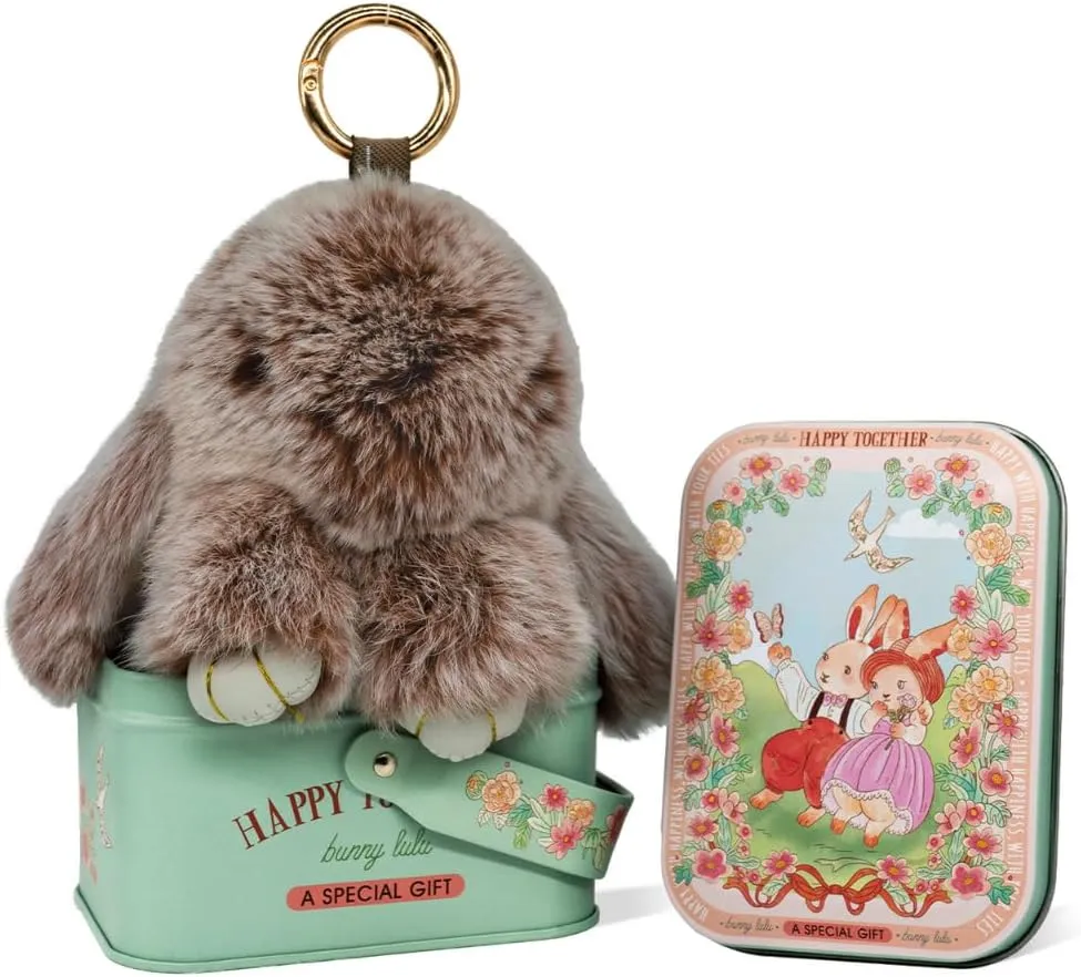 Bunny Keychain with Tin  5.8" Handmade Plush Bag Charm, 16 Colors  Cute Graduation Gift & Summer Travel Accessory