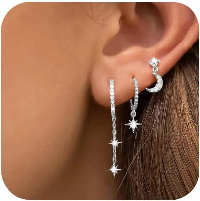 Cartilage Earring for Women-3 Pairs 14K Gold Plated Sun Moon Earrings for Women Hypoallergenic Dainty Everyday Jewelry