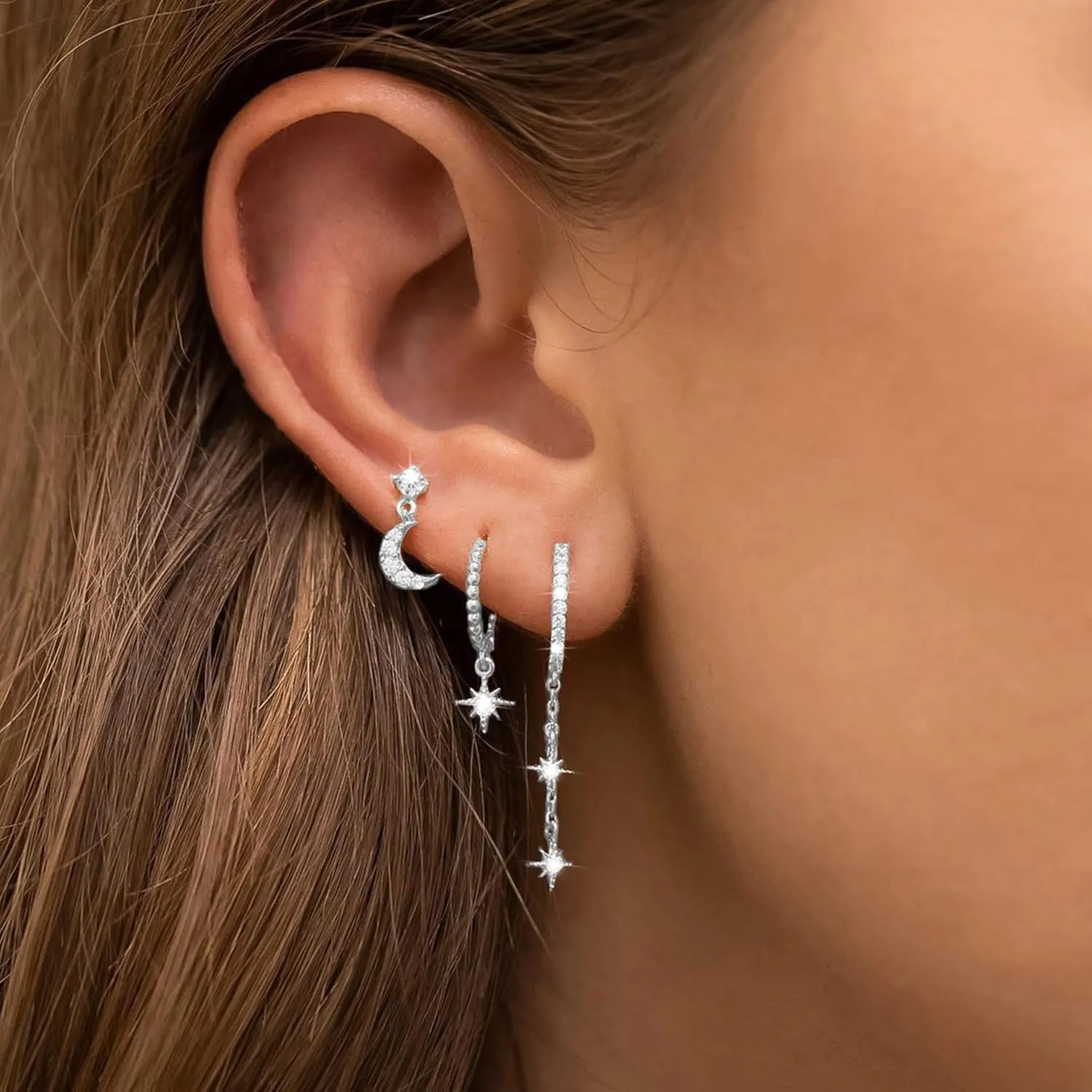 Cartilage Earring for Women-3 Pairs 14K Gold Plated Sun Moon Earrings for Women Hypoallergenic Dainty Everyday Jewelry