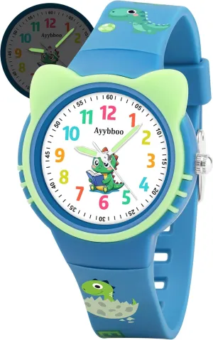 Cat Analog Watch for Girls Boys Toddler, Learning Time and Easy to Read, 30M Waterproof Children Quartz Wristwatches, Cute Telling Time Hand Watch with Cartoon Soft Strap Age 5-12 Blue