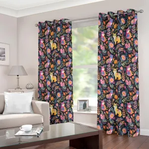 Cat Floral Leaf Petal Bohemian Colourful Printed Curtain Set